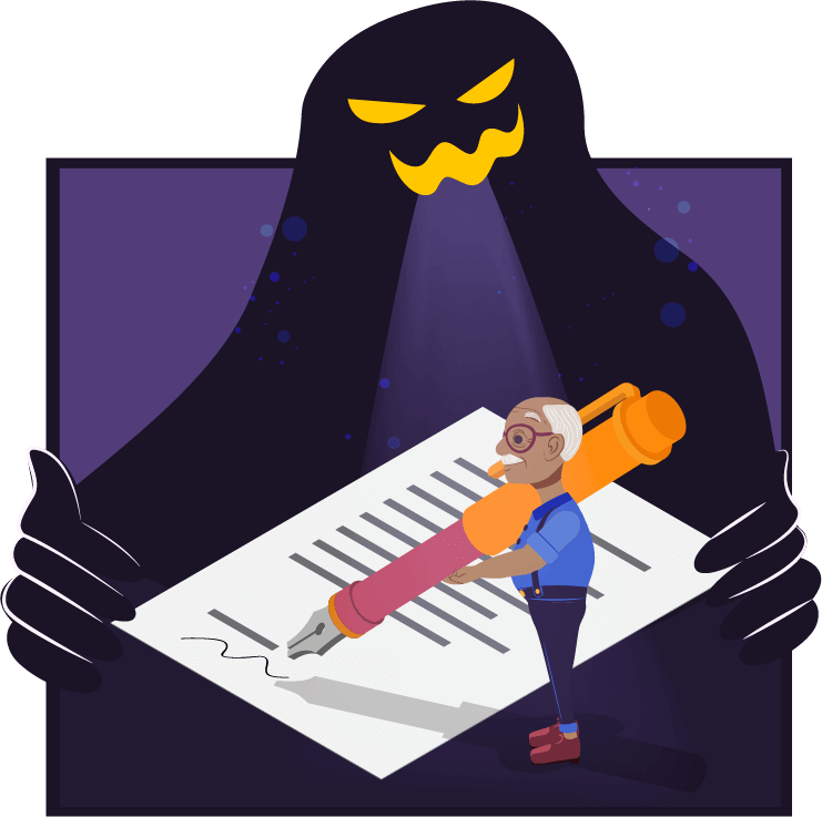 Viñeta 2: Adulto mayor firma el préstamo de Libranza, al fondo el villano sonríe